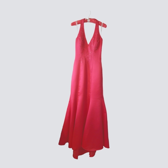 Satin Halter Gown with Embellished Bodice;Coral; Sz 5/6 - Picture 1 of 8